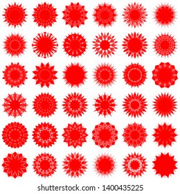 Red Flowers / Pseudo-Snowflakes on white background. Sharp set of 36 items. 12 (twelve) angles. - Vector
