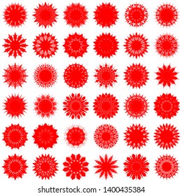 Red Flowers / Pseudo-Snowflakes on white background. Sharp set of 36 items. 12 (twelve) angles. - Vector