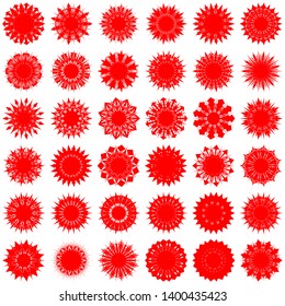 Red Flowers / Pseudo-Snowflakes on white background. Sharp set of 36 items. 11 (eleven) angles. - Vector
