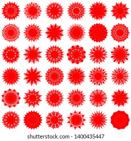 Red Flowers / Pseudo-Snowflakes on white background. Sharp set of 36 items. 11 (eleven) angles. - Vector