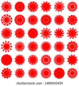 Red Flowers / Pseudo-Snowflakes on white background. Sharp set of 36 items. 11 (eleven) angles. - Vector