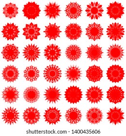 Red Flowers / Pseudo-Snowflakes on white background. Sharp set of 36 items. 10 (ten) angles. - Vector