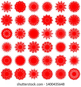 Red Flowers / Pseudo-Snowflakes on white background. Sharp set of 36 items. 11 (eleven) angles. - Vector
