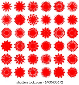 Red Flowers / Pseudo-Snowflakes on white background. Sharp set of 36 items. 11 (eleven) angles. - Vector