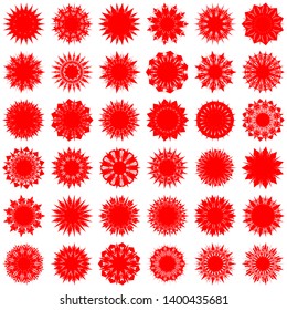 Red Flowers / Pseudo-Snowflakes on white background. Sharp set of 36 items. 11 (eleven) angles. - Vector