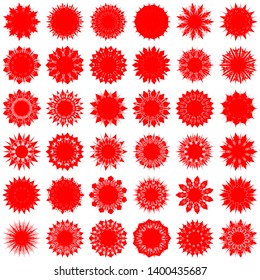 Red Flowers / Pseudo-Snowflakes on white background. Sharp set of 36 items. 11 (eleven) angles. - Vector