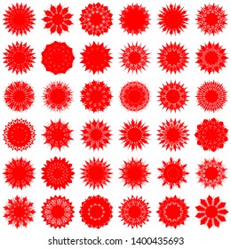 Red Flowers / Pseudo-Snowflakes on white background. Sharp set of 36 items. 11 (eleven) angles. - Vector