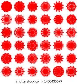 Red Flowers / Pseudo-Snowflakes on white background. Sharp set of 36 items. 11 (eleven) angles. - Vector