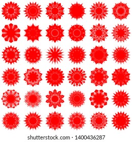 Red Flowers / Pseudo-Snowflakes on white background. Sharp set of 36 items. 10 (ten) angles. - Vector