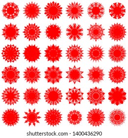 Red Flowers / Pseudo-Snowflakes on white background. Sharp set of 36 items. 10 (ten) angles. - Vector