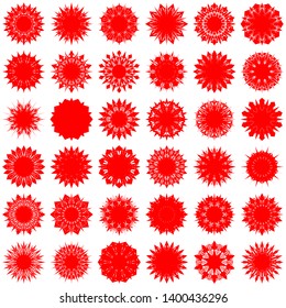 Red Flowers / Pseudo-Snowflakes on white background. Sharp set of 36 items. 10 (ten) angles. - Vector