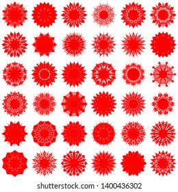 Red Flowers / Pseudo-Snowflakes on white background. Sharp set of 36 items. 10 (ten) angles. - Vector