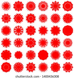 Red Flowers / Pseudo-Snowflakes on white background. Sharp set of 36 items. 10 (ten) angles. - Vector