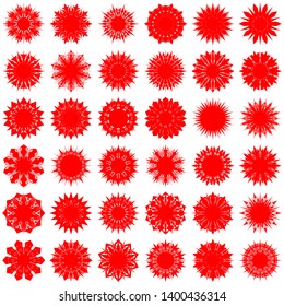 Red Flowers / Pseudo-Snowflakes on white background. Sharp set of 36 items. 10 (ten) angles. - Vector