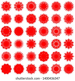 Red Flowers / Pseudo-Snowflakes on white background. Sharp set of 36 items. 10 (ten) angles. - Vector