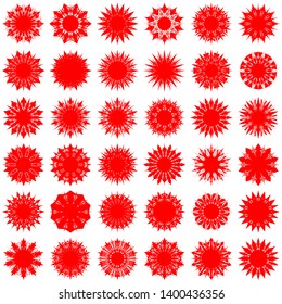 Red Flowers / Pseudo-Snowflakes on white background. Sharp set of 36 items. 10 (ten) angles. - Vector