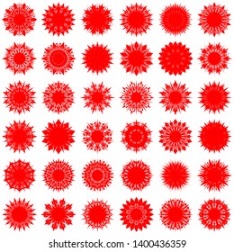 Red Flowers / Pseudo-Snowflakes on white background. Sharp set of 36 items. 10 (ten) angles. - Vector