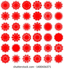 Red Flowers / Pseudo-Snowflakes on white background. Sharp set of 36 items. 10 (ten) angles. - Vector