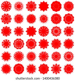 Red Flowers / Pseudo-Snowflakes on white background. Sharp set of 36 items. 10 (ten) angles. - Vector