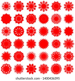 Red Flowers / Pseudo-Snowflakes on white background. Sharp set of 36 items. 10 (ten) angles. - Vector
