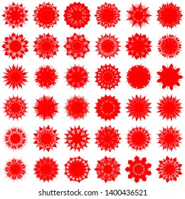 Red Flowers / Pseudo-Snowflakes on white background. Sharp set of 36 items. 9 (nine) angles. - Vector