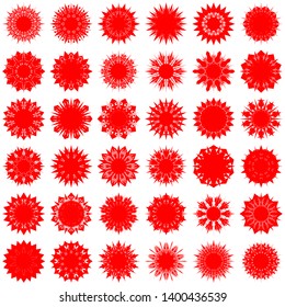 Red Flowers / Pseudo-Snowflakes on white background. Sharp set of 36 items. 10 (ten) angles. - Vector
