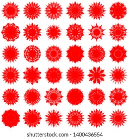 Red Flowers / Pseudo-Snowflakes on white background. Sharp set of 36 items. 10 (ten) angles. - Vector