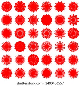 Red Flowers / Pseudo-Snowflakes on white background. Sharp set of 36 items. 10 (ten) angles. - Vector