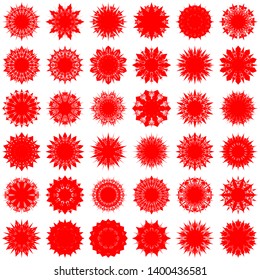 Red Flowers / Pseudo-Snowflakes on white background. Sharp set of 36 items. 10 (ten) angles. - Vector