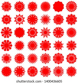 Red Flowers / Pseudo-Snowflakes on white background. Sharp set of 36 items. 10 (ten) angles. - Vector