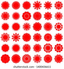 Red Flowers / Pseudo-Snowflakes on white background. Sharp set of 36 items. 10 (ten) angles. - Vector
