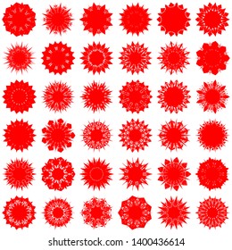 Red Flowers / Pseudo-Snowflakes on white background. Sharp set of 36 items. 9 (nine) angles. - Vector
