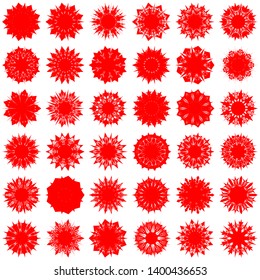 Red Flowers / Pseudo-Snowflakes on white background. Sharp set of 36 items. 9 (nine) angles. - Vector
