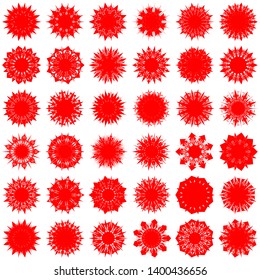 Red Flowers / Pseudo-Snowflakes on white background. Sharp set of 36 items. 9 (nine) angles. - Vector