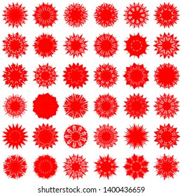 Red Flowers / Pseudo-Snowflakes on white background. Sharp set of 36 items. 9 (nine) angles. - Vector