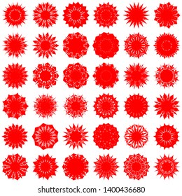 Red Flowers / Pseudo-Snowflakes on white background. Sharp set of 36 items. 9 (nine) angles. - Vector