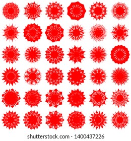 Red Flowers / Pseudo-Snowflakes on white background. Sharp set of 36 items. 9 (nine) angles. - Vector