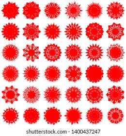 Red Flowers / Pseudo-Snowflakes on white background. Sharp set of 36 items. 9 (nine) angles. - Vector