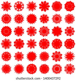 Red Flowers / Pseudo-Snowflakes on white background. Sharp set of 36 items. 9 (nine) angles. - Vector