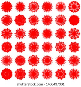 Red Flowers / Pseudo-Snowflakes on white background. Sharp set of 36 items. 9 (nine) angles. - Vector