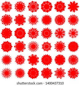 Red Flowers / Pseudo-Snowflakes on white background. Sharp set of 36 items. 9 (nine) angles. - Vector