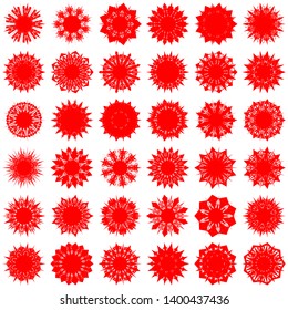 Red Flowers / Pseudo-Snowflakes on white background. Sharp set of 36 items. 9 (nine) angles. - Vector