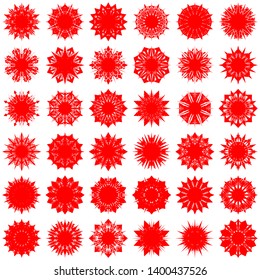 Red Flowers / Pseudo-Snowflakes on white background. Sharp set of 36 items. 8 (eight) angles. - Vector