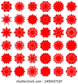 Red Flowers / Pseudo-Snowflakes on white background. Sharp set of 36 items. 8 (eight) angles. - Vector