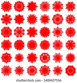 Red Flowers / Pseudo-Snowflakes on white background. Sharp set of 36 items. 8 (eight) angles. - Vector