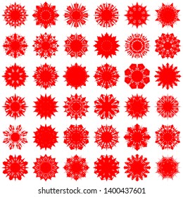Red Flowers / Pseudo-Snowflakes on white background. Sharp set of 36 items. 8 (eight) angles. - Vector