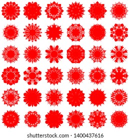 Red Flowers / Pseudo-Snowflakes on white background. Sharp set of 36 items. 8 (eight) angles. - Vector