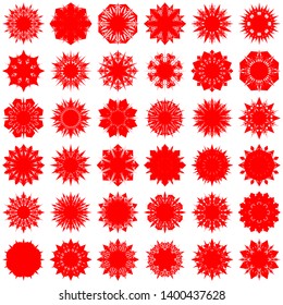 Red Flowers / Pseudo-Snowflakes on white background. Sharp set of 36 items. 8 (eight) angles. - Vector