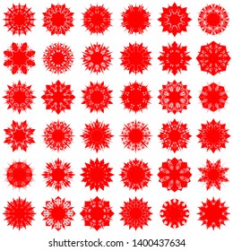 Red Flowers / Pseudo-Snowflakes on white background. Sharp set of 36 items. 8 (eight) angles. - Vector