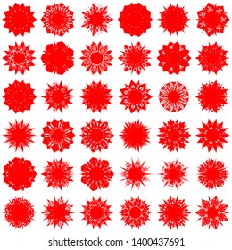 Red Flowers / Pseudo-Snowflakes on white background. Sharp set of 36 items. 7 (seven) angles. - Vector